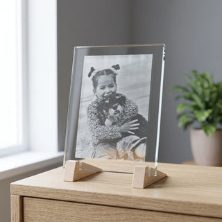 2D-Glasscheibe Hochformat mit Fotogravur eines Mädchens auf Holzfüßen bei Tageslicht