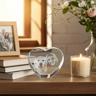 3D-Glasherz mit Fotogravur von Frau und Hund neben einer Kerze