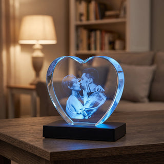 3D-Glasherz mit Fotogravur auf Leuchtsockel, blau beleuchtet im Wohnzimmer
