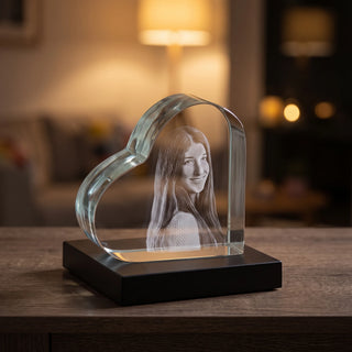 Liegendes 3D-Glasherz mit Fotogravur schräg von vorne am Abend
