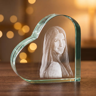 Nahaufnahme der Porträtgravur im liegenden 3D-Glasherz