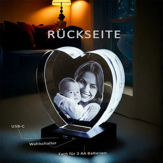 3D-Glasherz Rückseite mit USB-C Anschluss und Wahlschalter - LED-Beleuchtung mit Batteriefach
