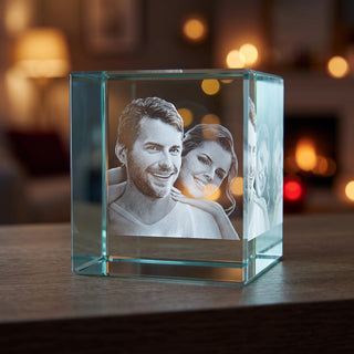 3D-Glaswürfel mit Paarfoto am Abend vor einem Kamin
